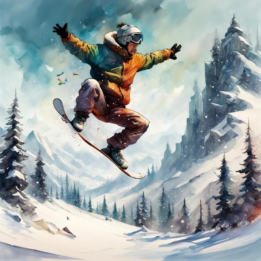 Snowboarder Backflip in Winter Wonderland Watercolor