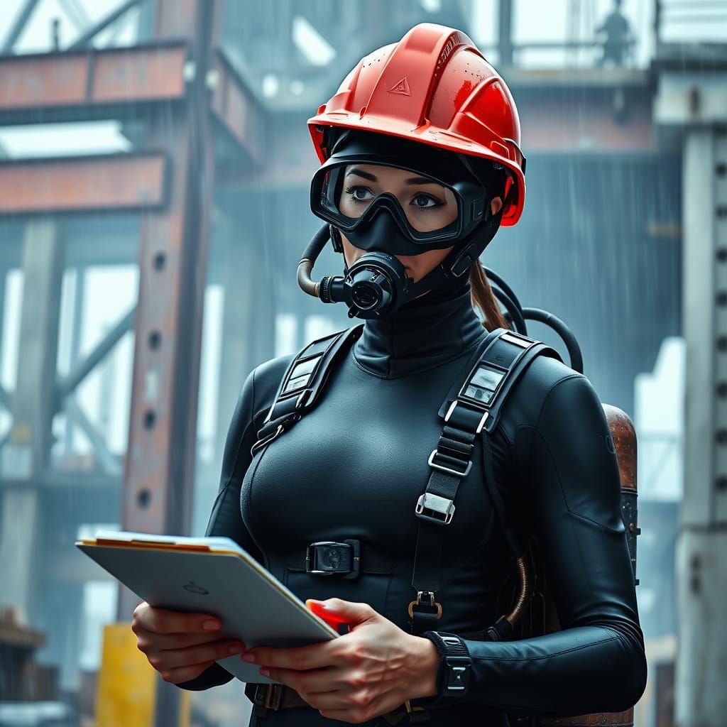 Futuristic Diver in Rainy Construction Site, in Cyberpunk St...