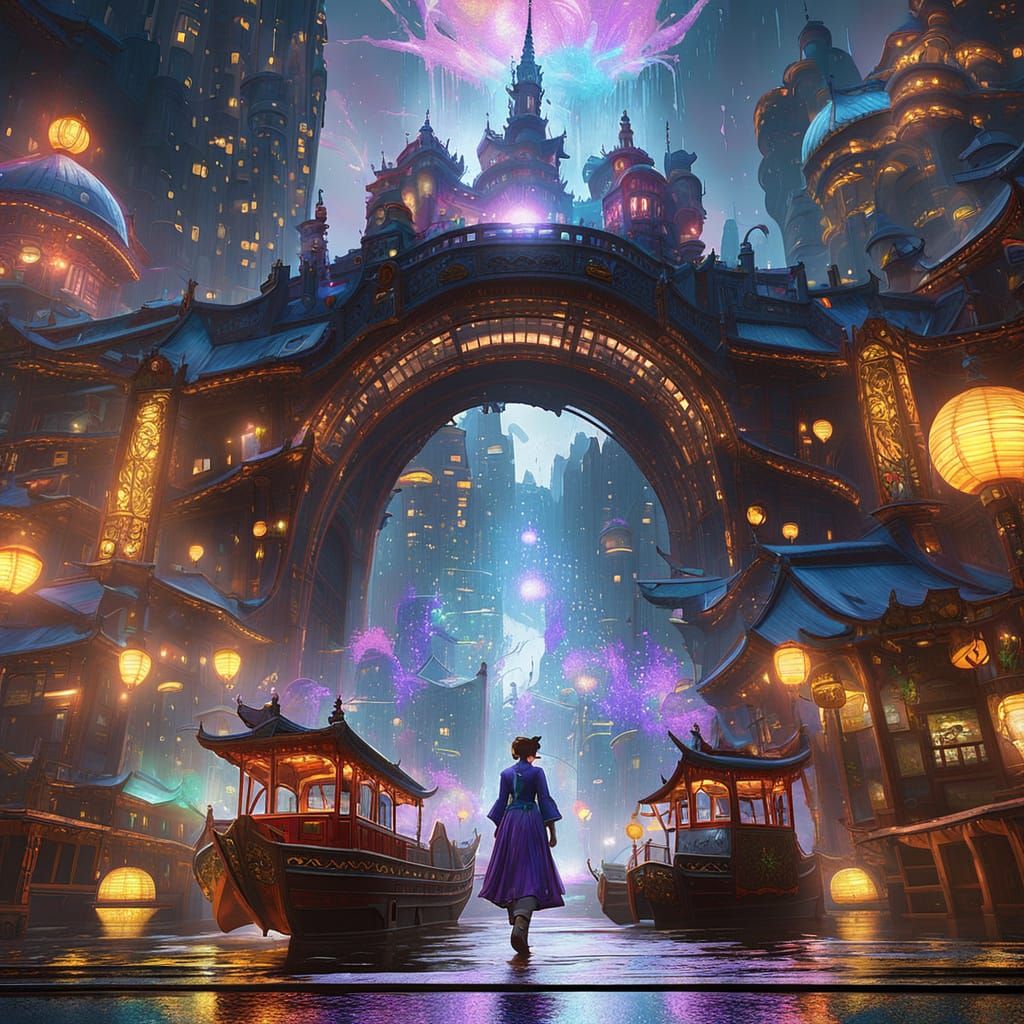 Elegant Woman on a Fantastical Star Ferry in a Vibrant Citys...