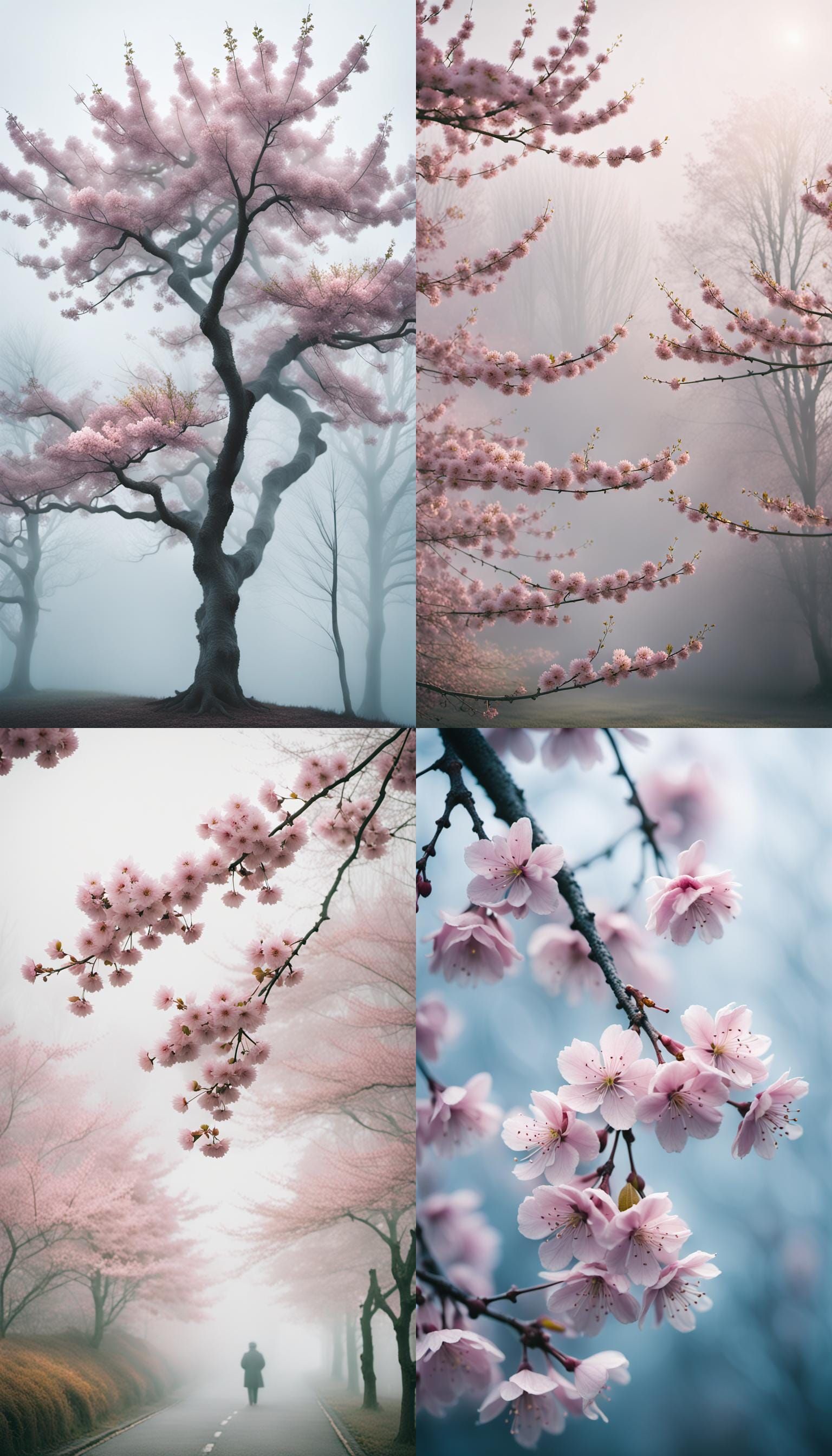 Pink Cherry Blossoms in Autumn Fog: Cinematic Still