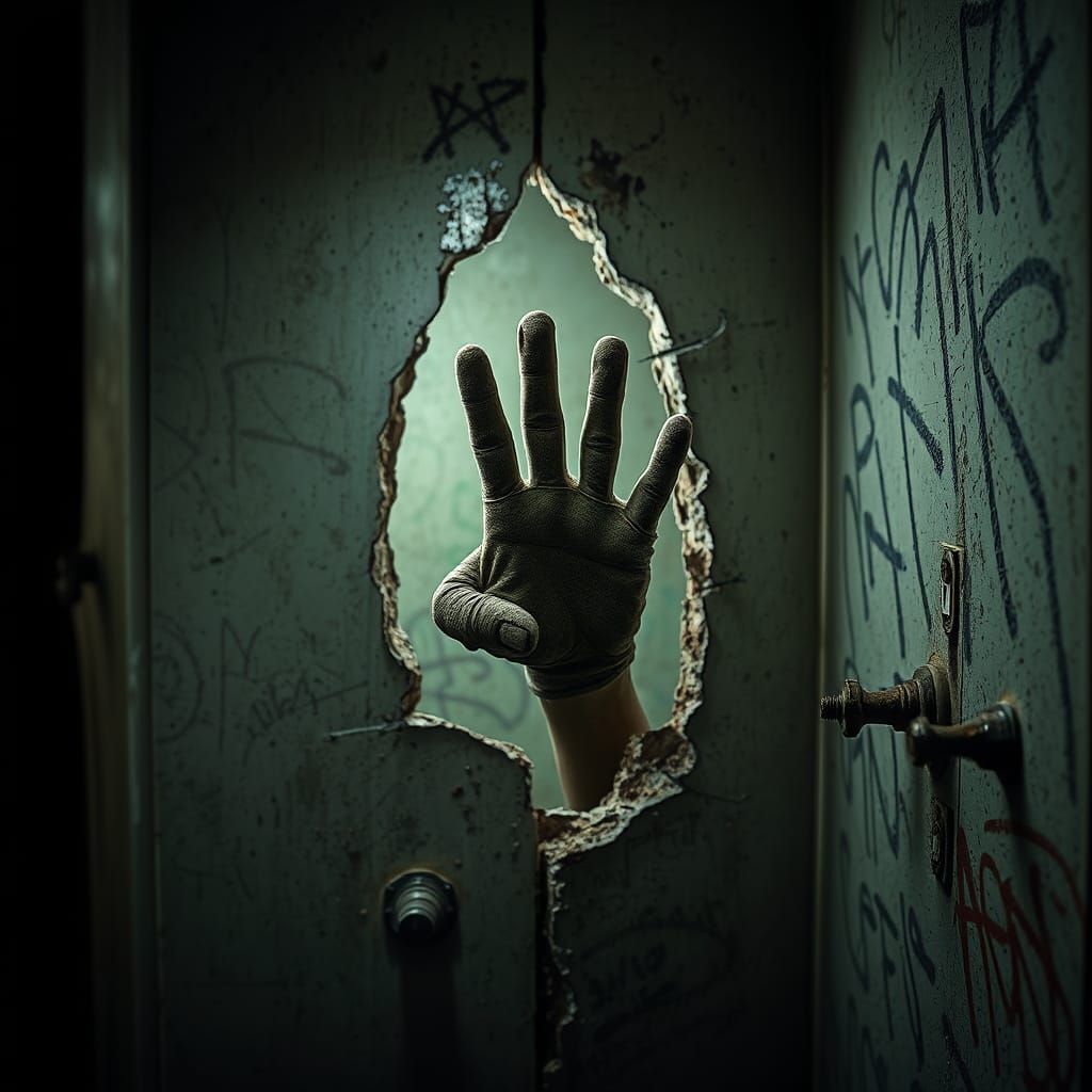 Gloved Finger Beckons Through Grimy Toilet Wall