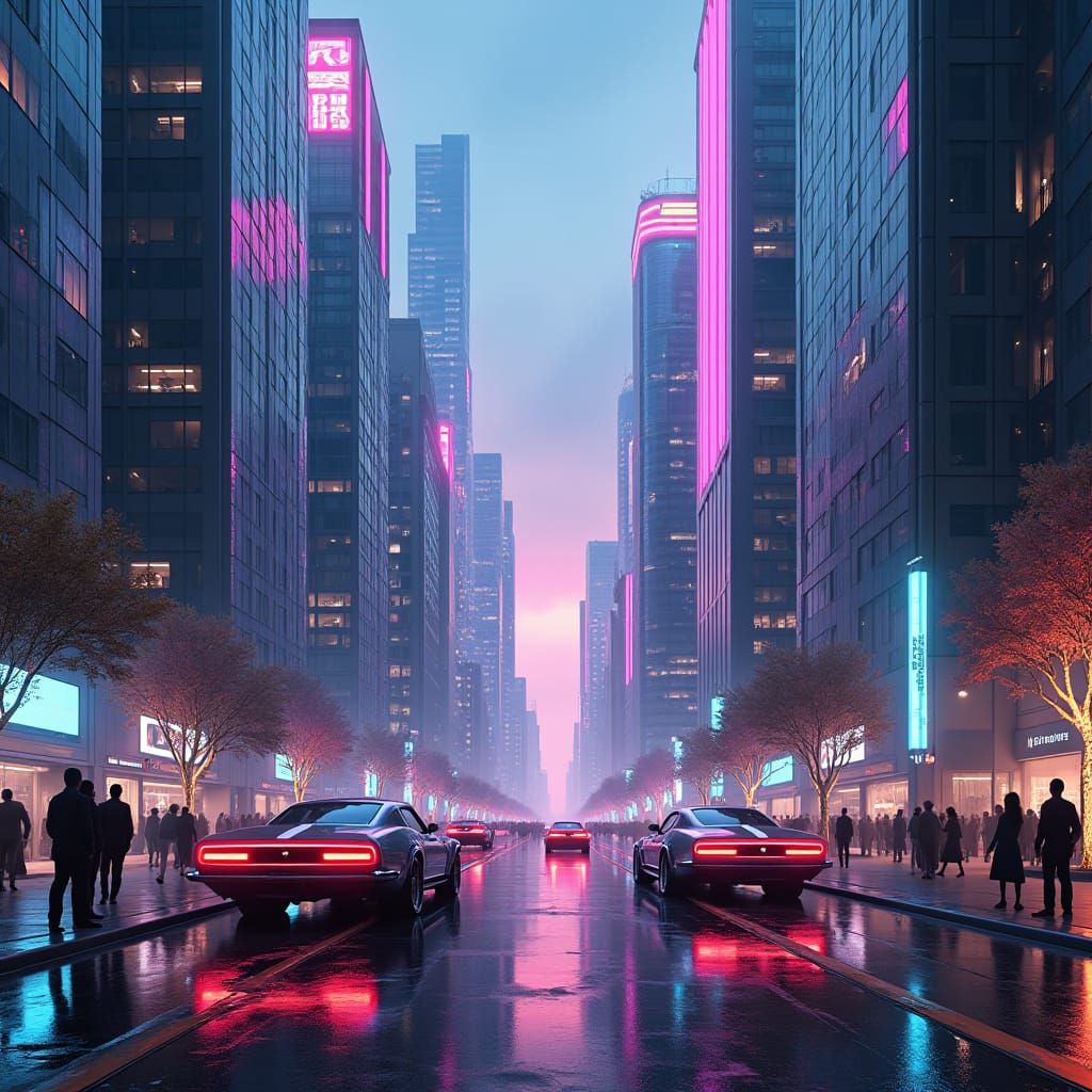 Futuristic Metropolis at Dusk in Cyberpunk Style