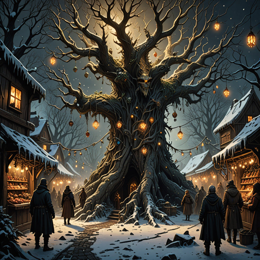 Menacing Ent Wrecks Christmas Market in a Dark Fantasy Night...