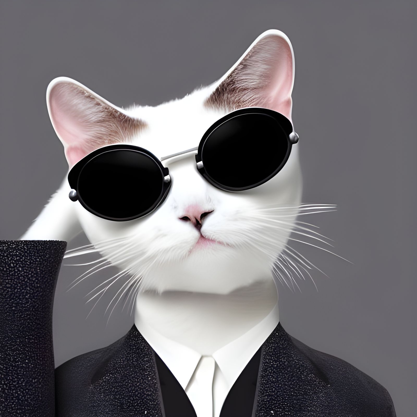 Anthropomorphic White Cat in Suit and Sunglasses