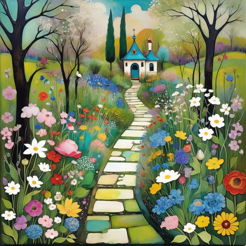 Whimsical Spring Garden Path Encaustic Painting