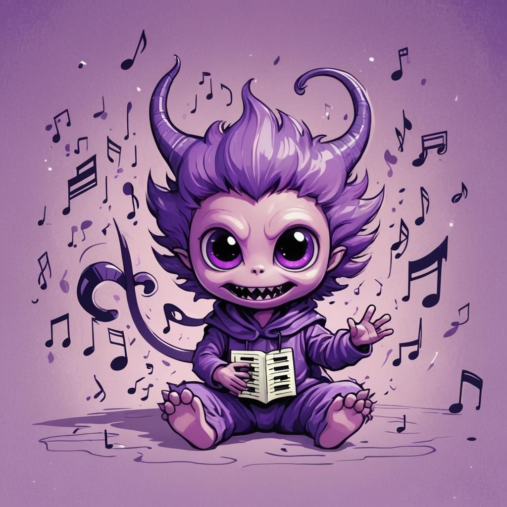 Cute Purple Alien on Musical Note, Oekaki Style