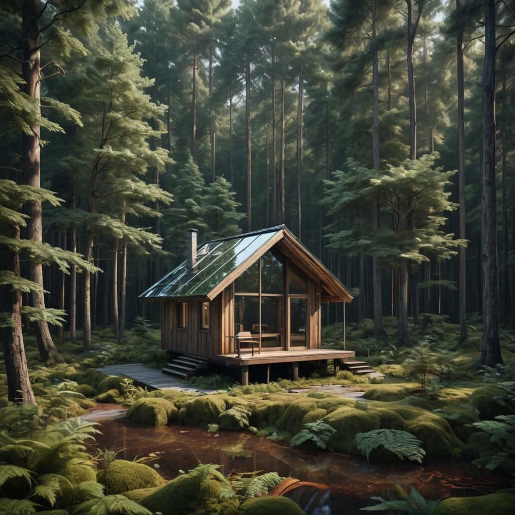 Hyperrealistic Cabin in Forest: Postmodern Architecture