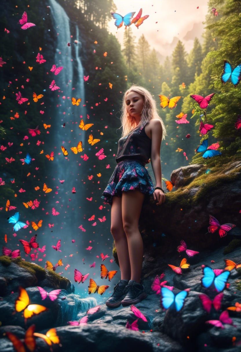 Colorful Graffiti Waterfall Scene with Girl and Unicorns
