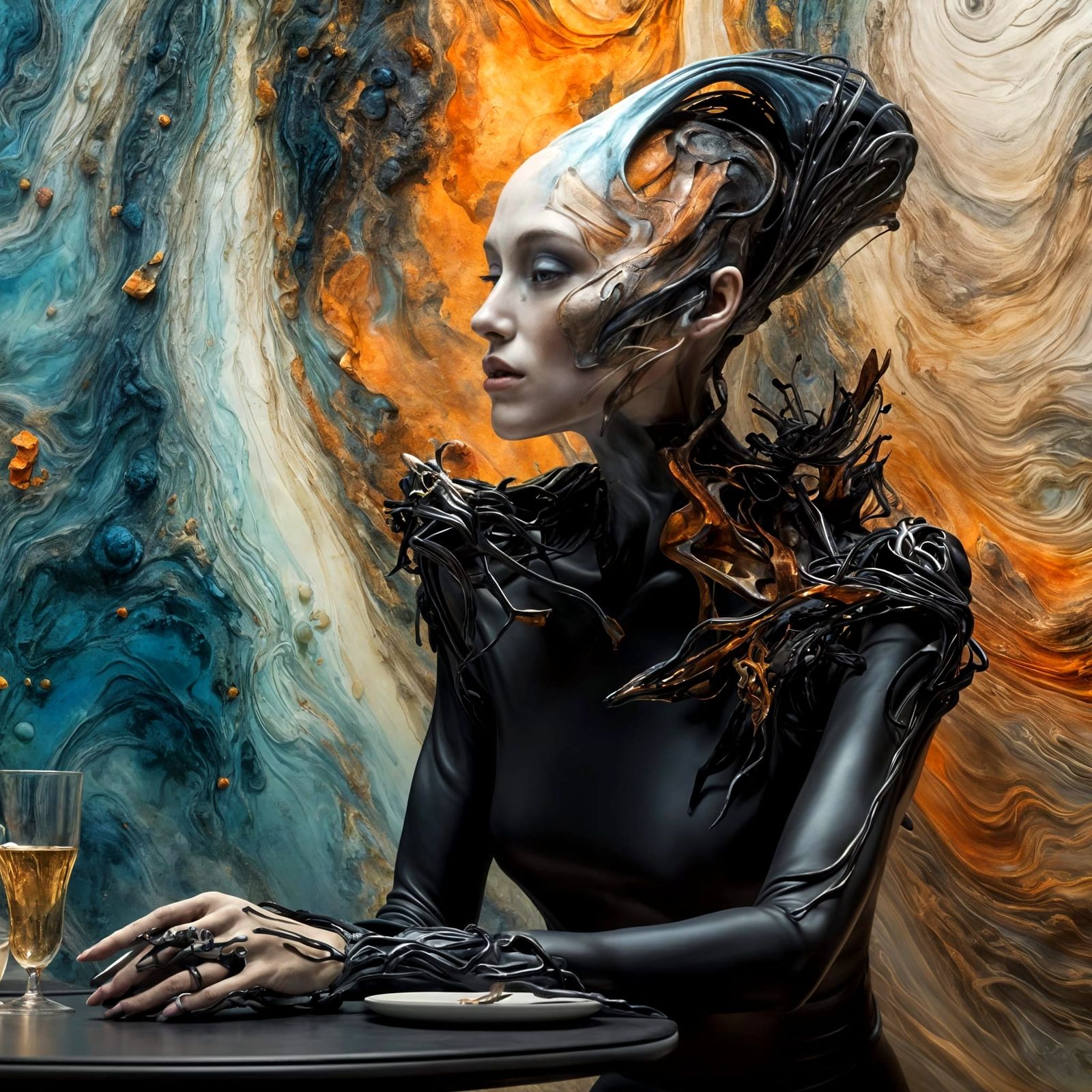 Polychromatic Alien at Table in Bizarre Magical Realism