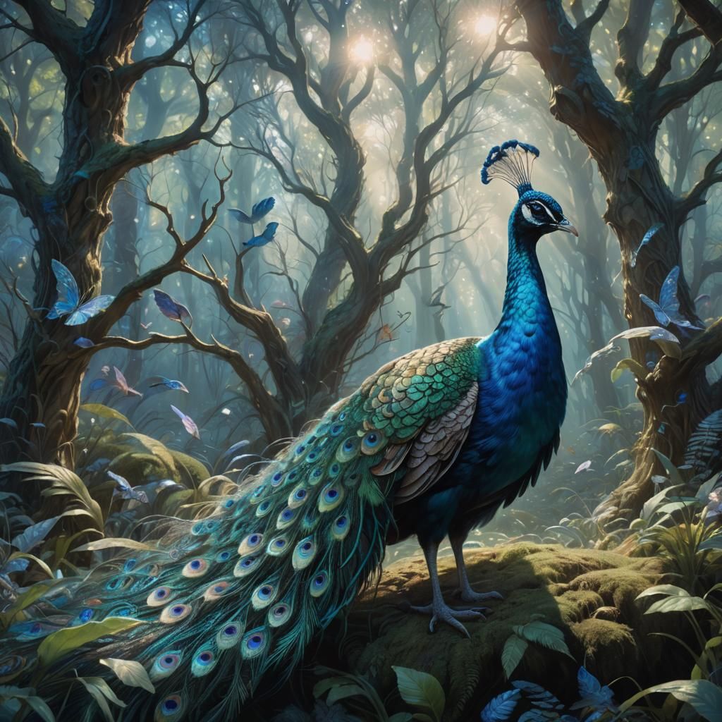 Peacock-Rabbit Hybrid in Mystical Forest: Surreal Fantasy