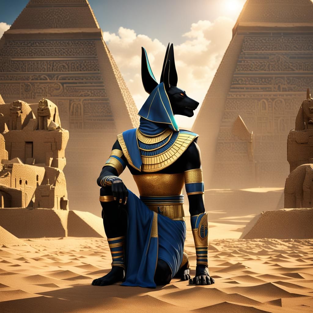 Anubis Kneeling in Prayer Before Pyramids
