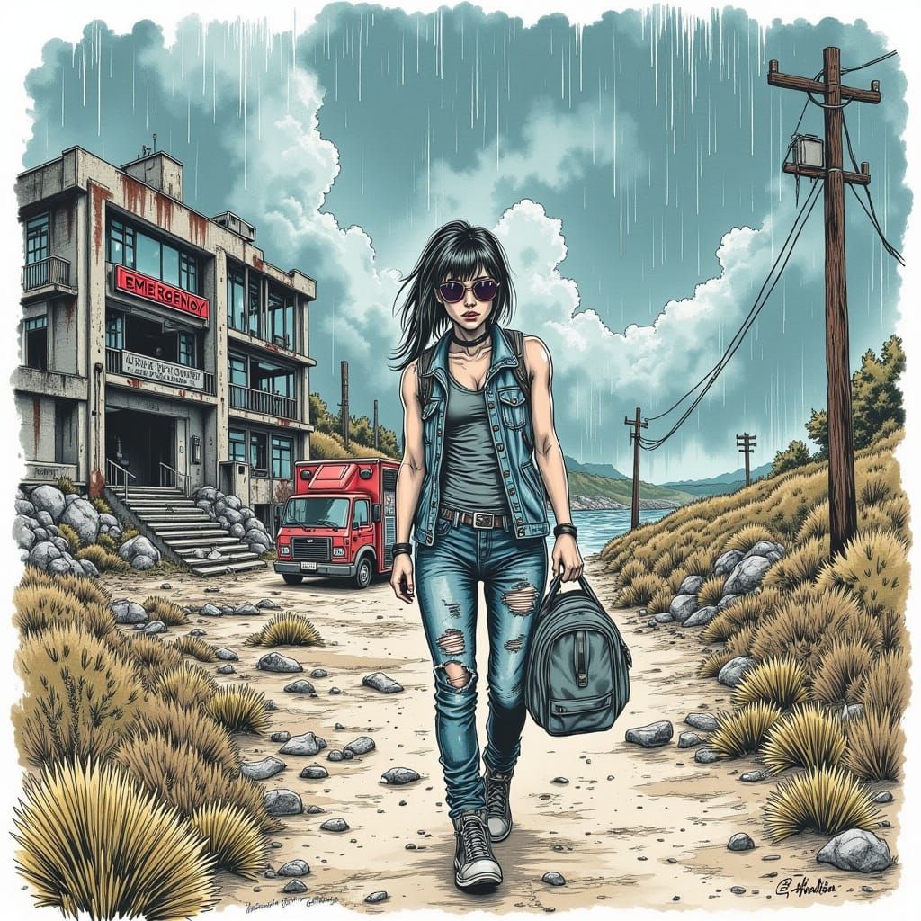 Desert Road: Woman, Ruined Hospital, Overflowing River