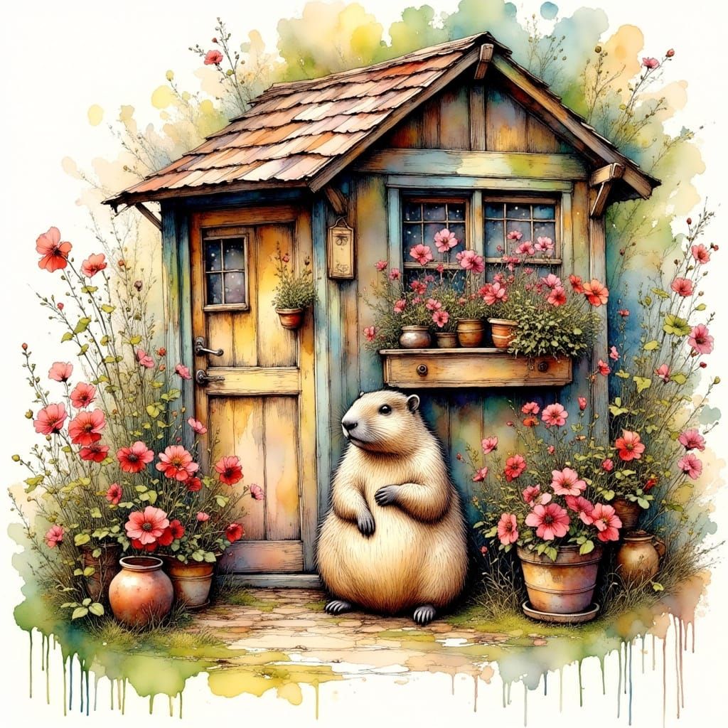 Groundhog in Front of Whimsical Garden Shed