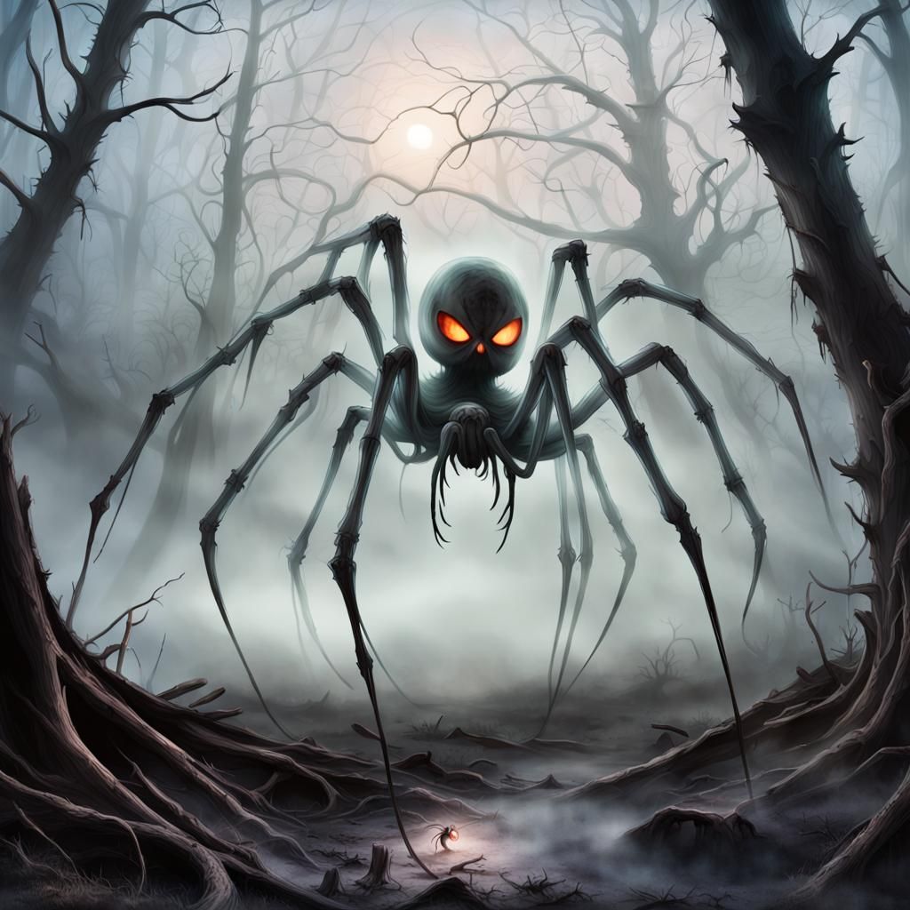 ghostly spider  with glowing eyes in a desolate and eerie la...