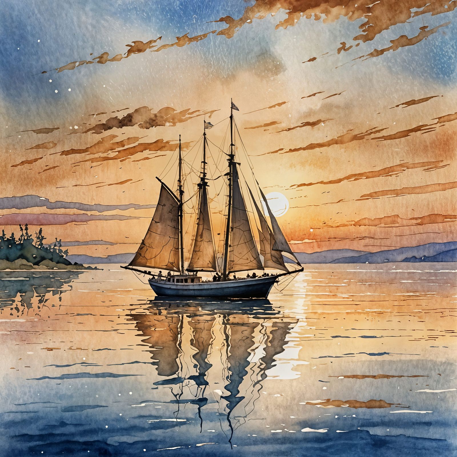 Sunset Sailing Boat Watercolor Masterpiece
