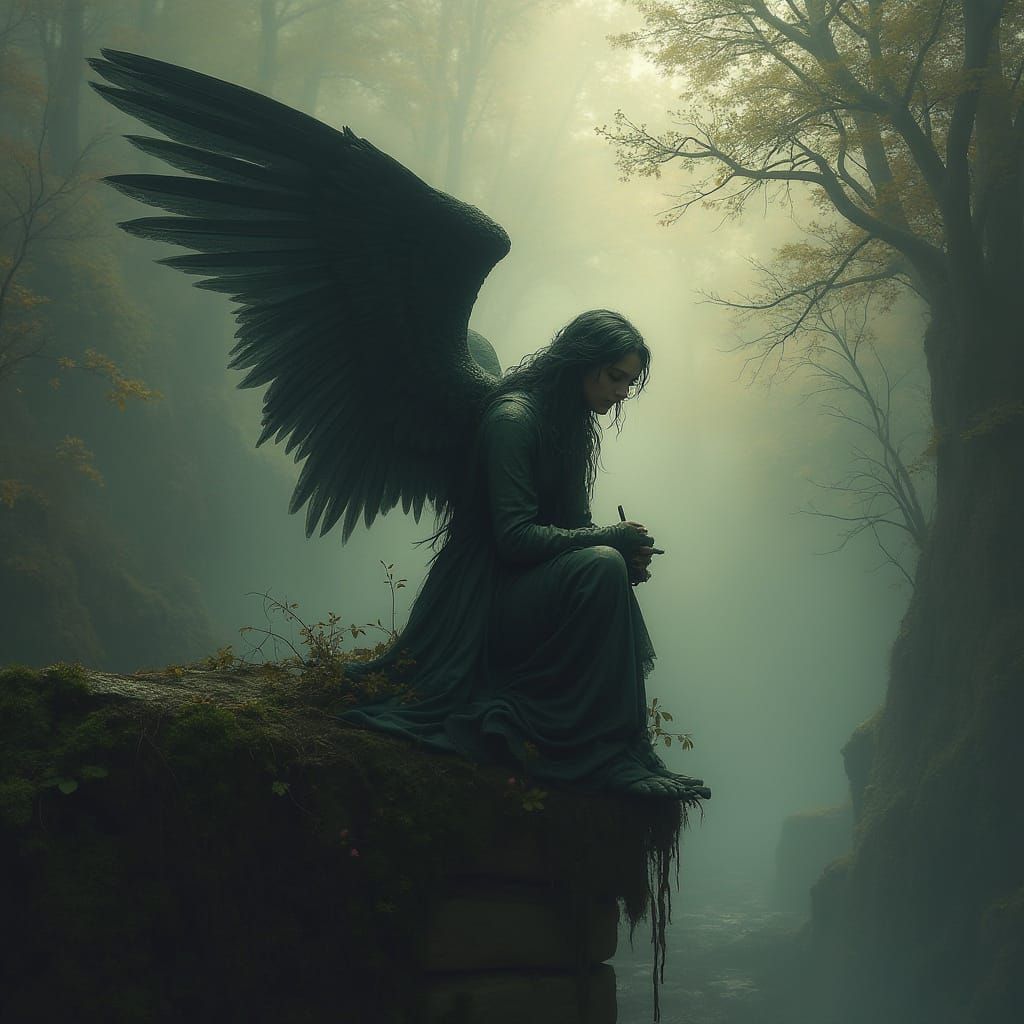 Angel Demon in Dark Fantasy Forest Cemetery