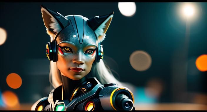 Cyborg Fox Goddess in a Digital Landscape