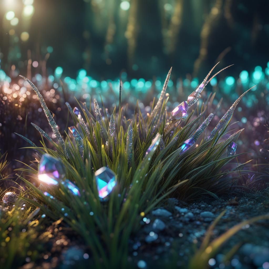 Iridescent Crystal Grass in 3D Cinematic Style