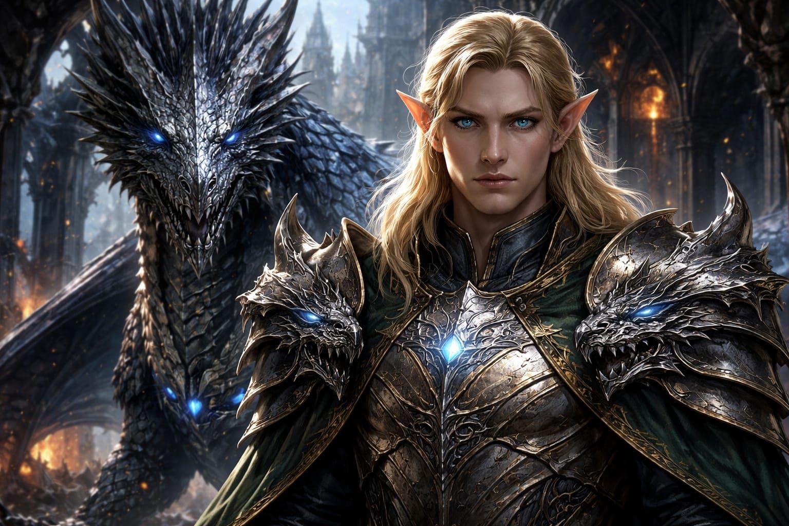 Male Elf Warrior With Dragon Pauldrons in Gothic City