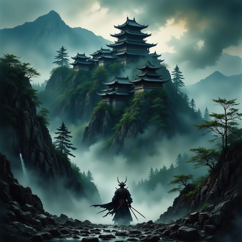 Castle and Samurai in Dark Water-Ink Style