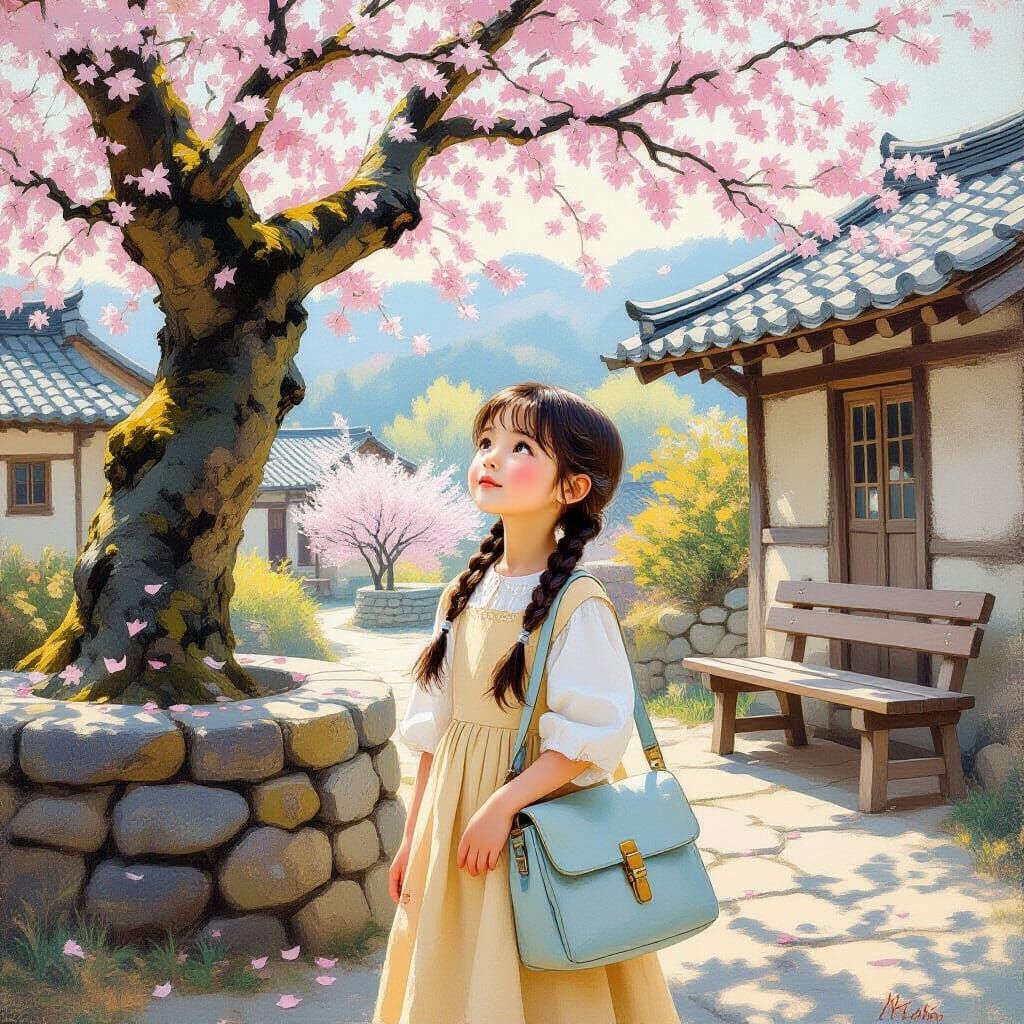 Korean Girl Under Ancient Tree as Impressionistic Oil Painti...