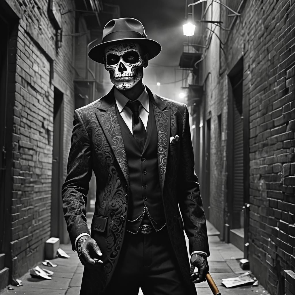 Sugar Skull Gangster in Fedora: A Film Noir Portrait