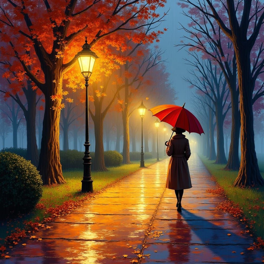 Rainy Park Path in Impressionistic Style