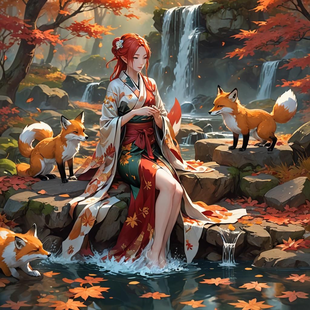 Kitsune Fire Mage in Autumn Forest: Breath of the Wild