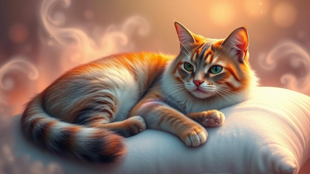 Rainbow Cat Portrait on Pillow in Dreamy Art Style
