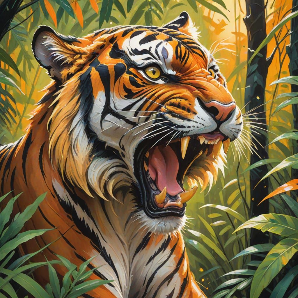 Fierce Tiger Roars in Dense Jungle, Gouache Painting