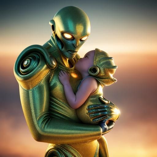 Heartwarming Alien Hug: Sci-Fi Portrait in Nebula