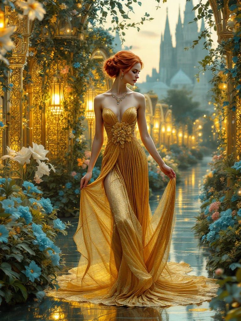 Art Nouveau Portrait of Woman in Golden Garden