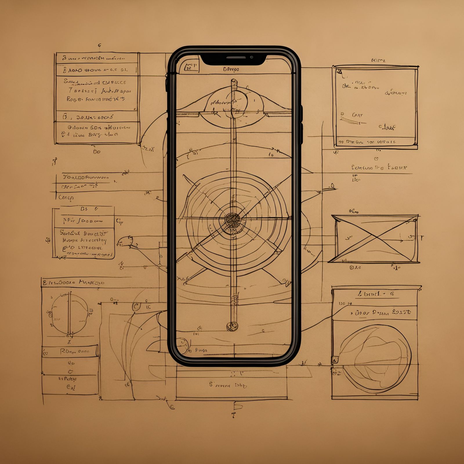iPhone Diagram in DaVinci Style on Brown Paper