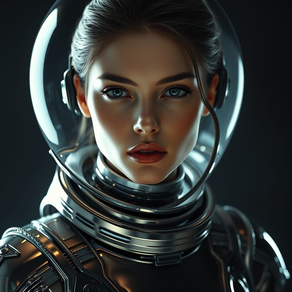 Hyperrealistic Woman in Futuristic Metallic Spacesuit