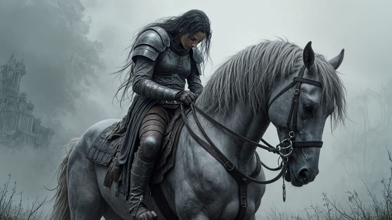 Adventuress on Gray Horse in Misty Dark Fantasy