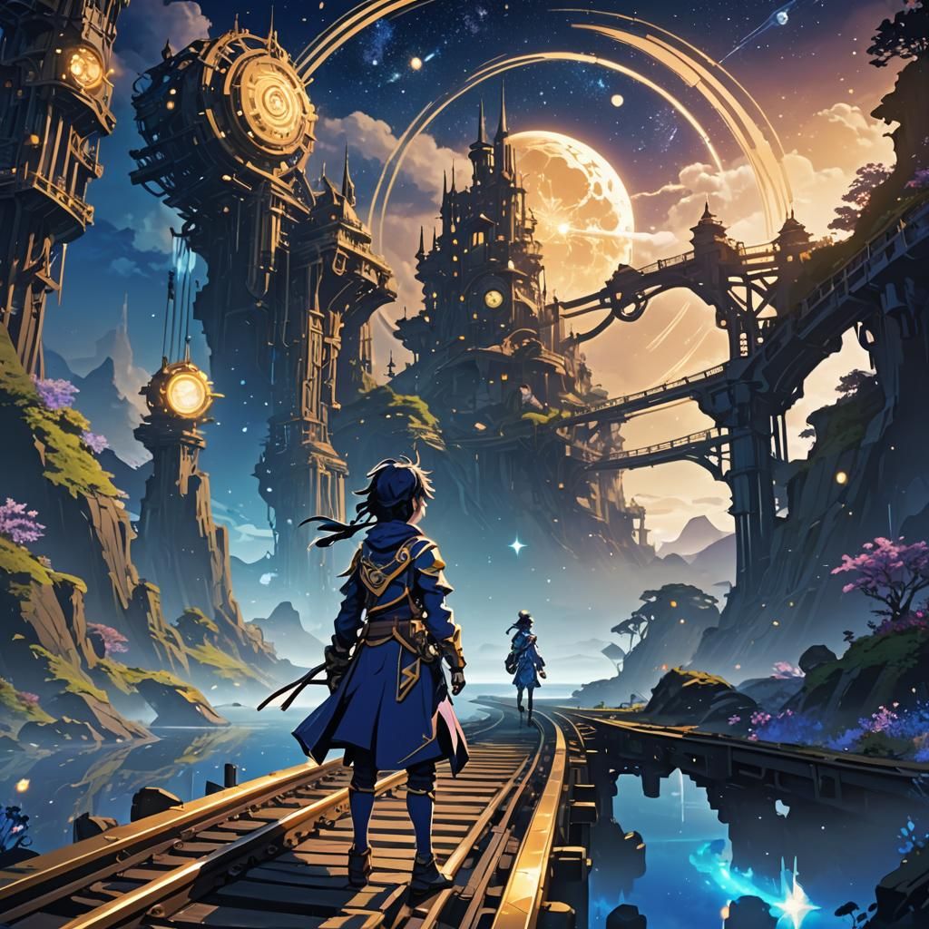 Astral Explorer at Mystical Railroad in Dreamlike Landscape