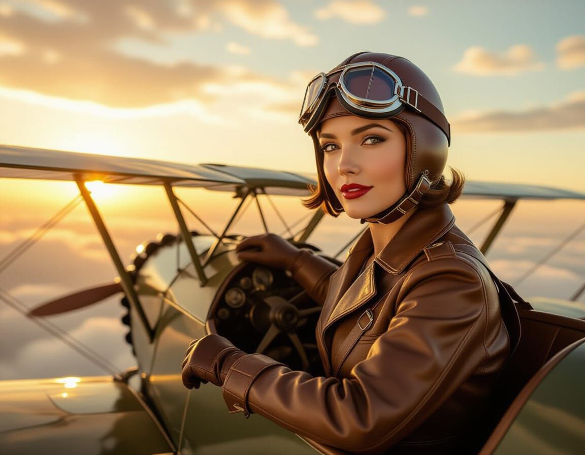 1920s Pilot Woman Flying Triplane at Sunset
