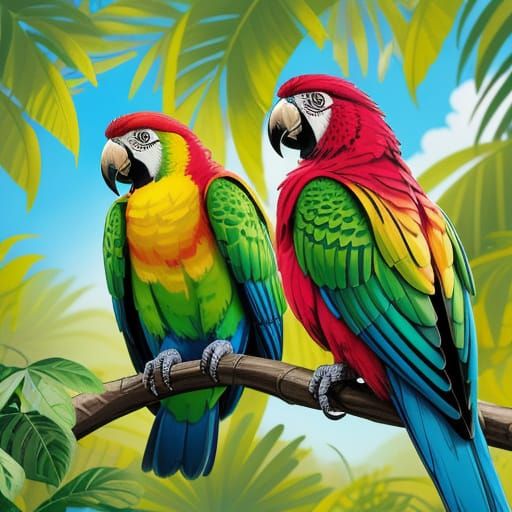 Vibrant Parrots in Comic Book Style