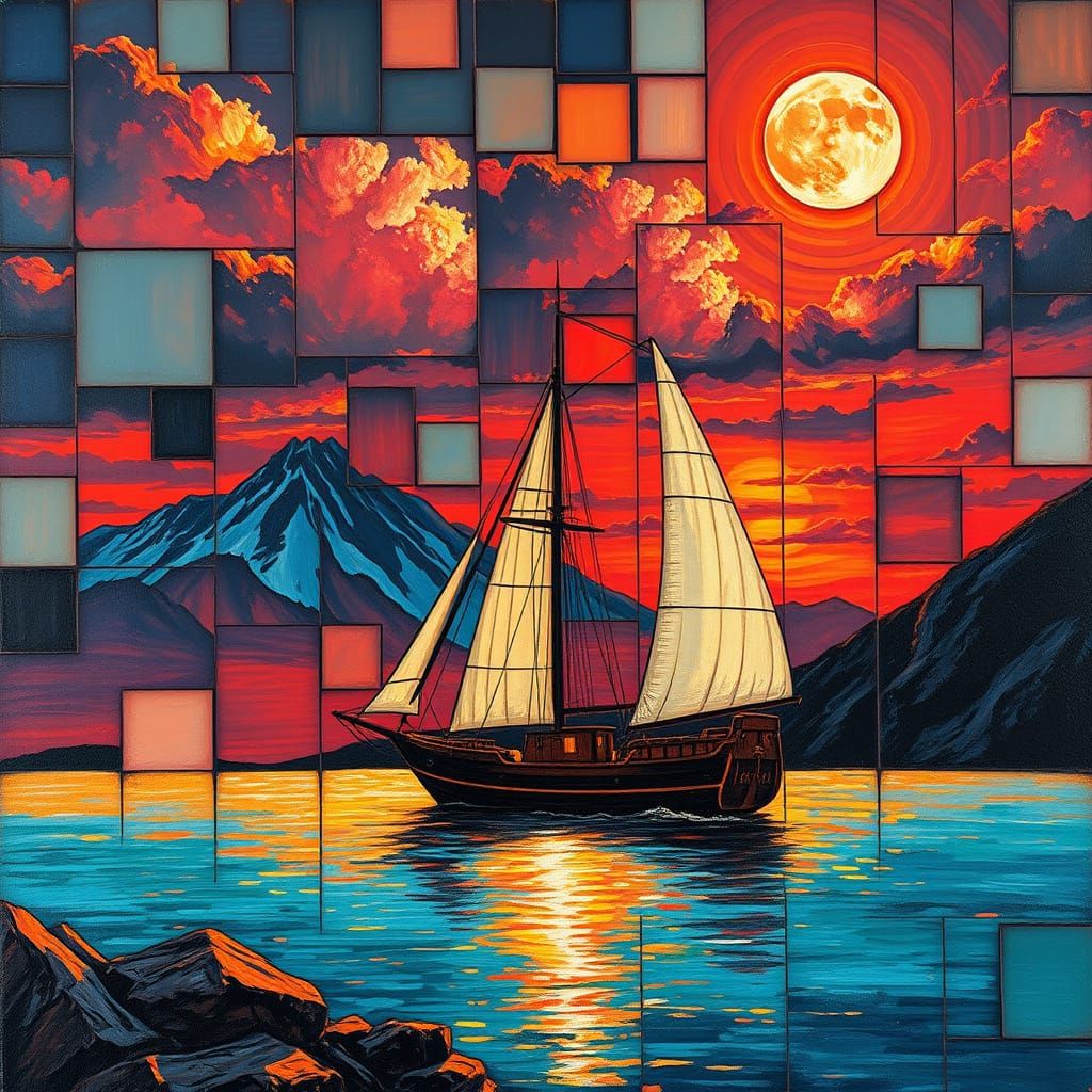 Abstract Cubist Sailboat, Impasto Oil Painting