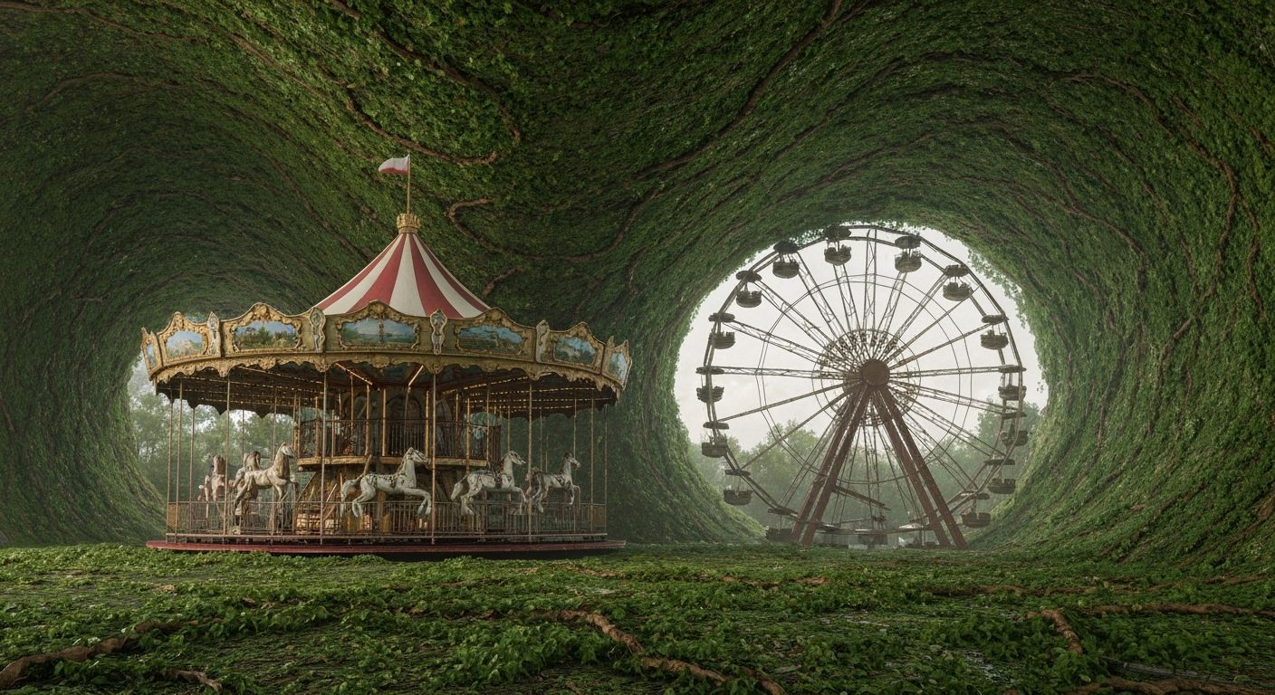 Abandoned Amusement Park with Vines in Warped Perspective