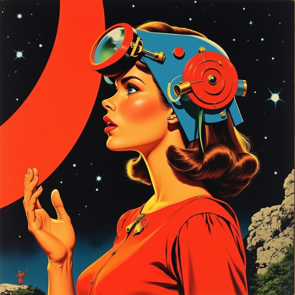 Woman in Red and Blue Headband Under Starry Night Sky