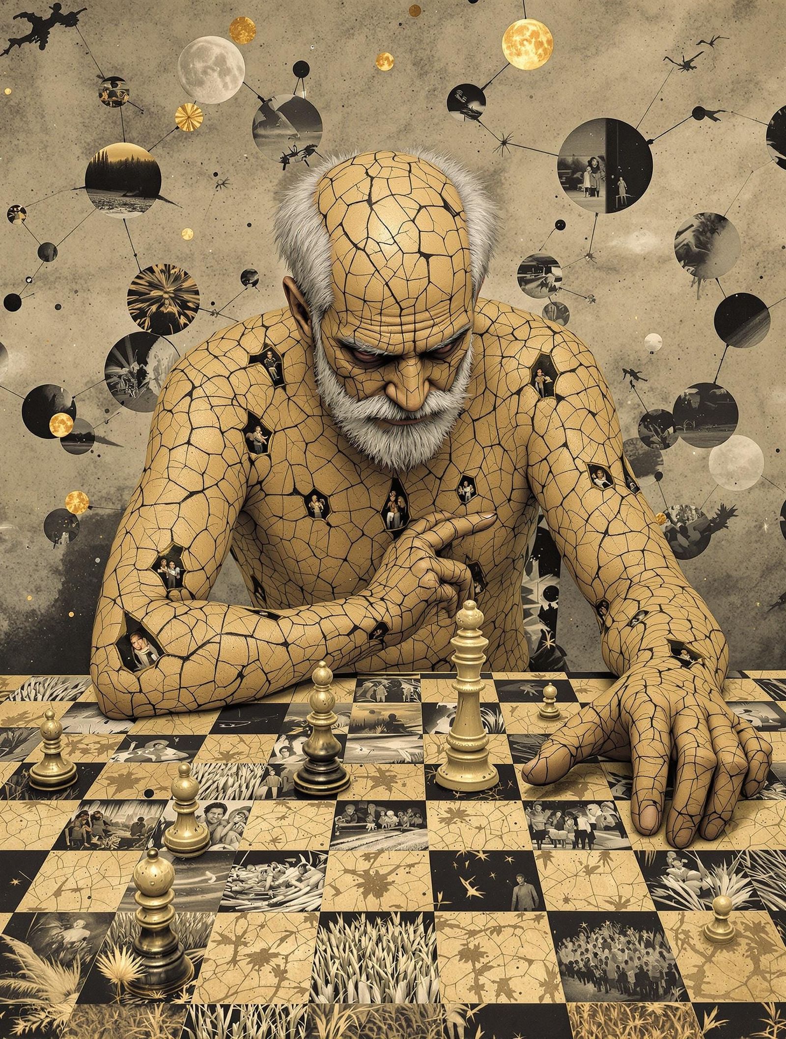 Stoic Farmer on Cosmic Chessboard with Aged Rice Paper Accen...