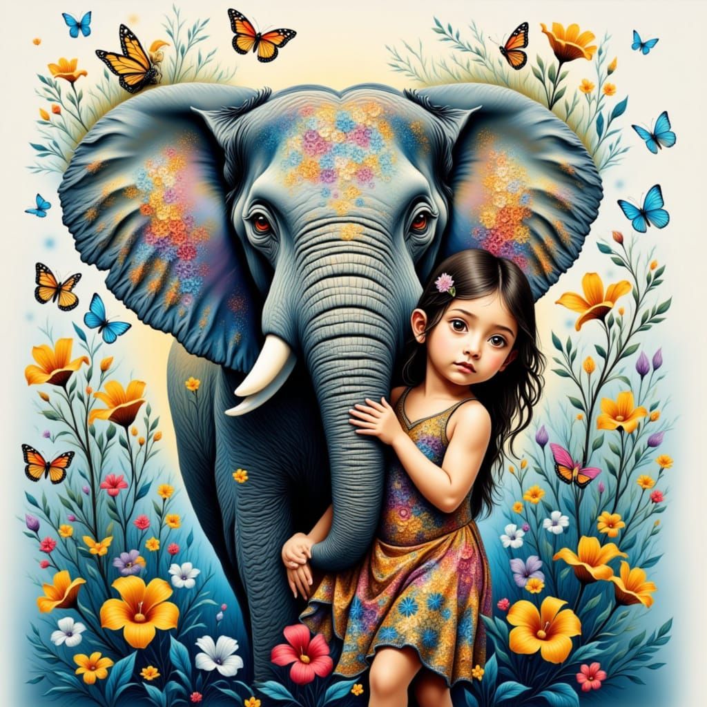 <lora:Fantastique:1.0> Œuvre ultra-détaillée, technique mixte aux textures aquarelles. Une enfant tribale sereine, aux c...