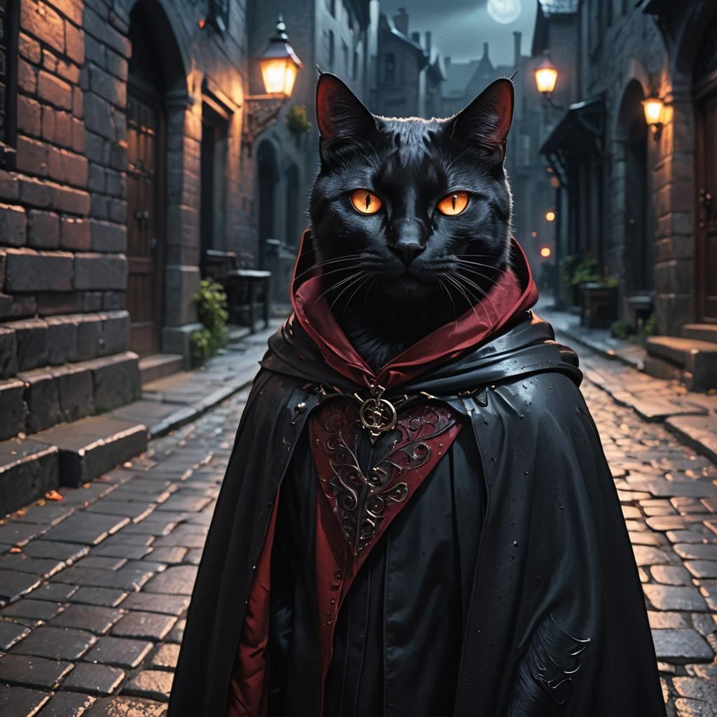 Black Cat in Vampire Cloak: Dark Fantasy Anime
