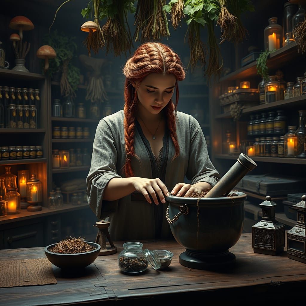 Enchanted Apothecary Alchemist in Medieval Pharmacy