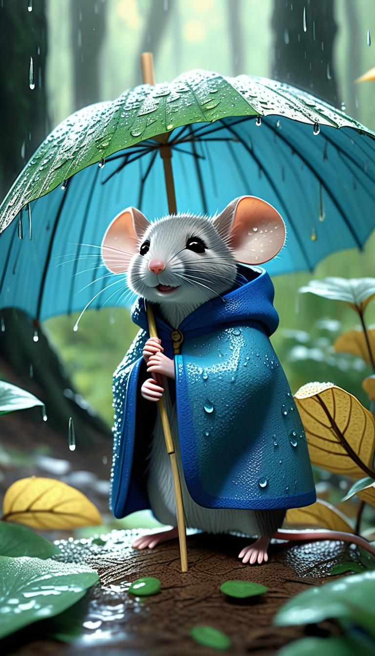 Whimsical Mouse Under Leaf Umbrella in Rainy Forest
