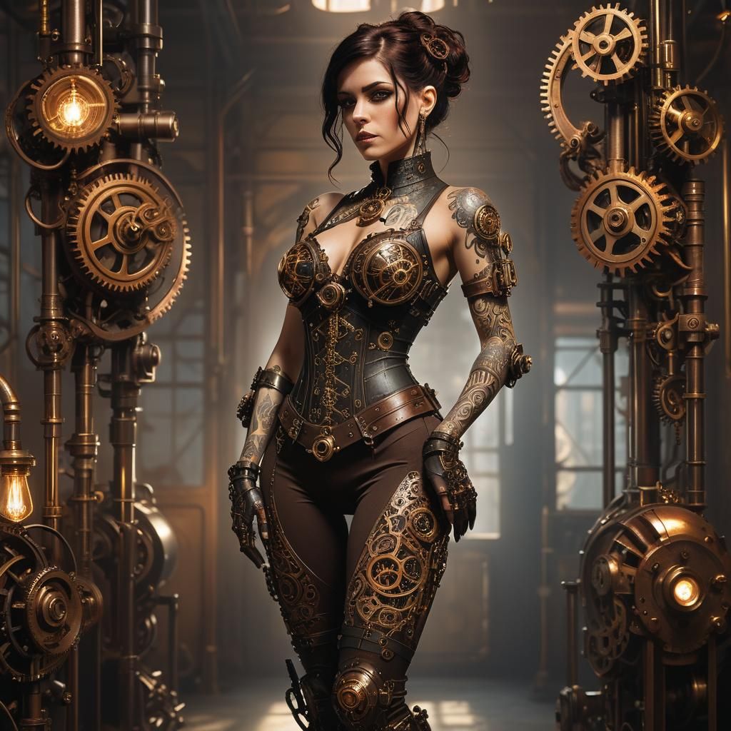 Steampunk Woman with Tattoos in Industrial Setting