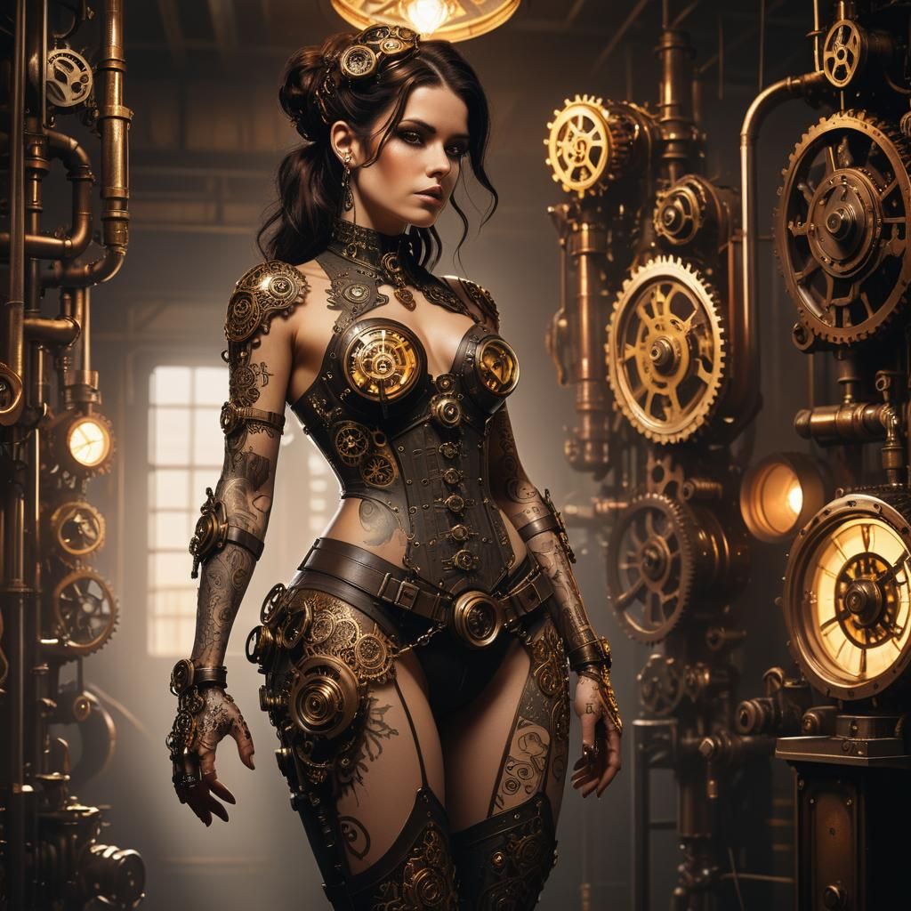 Steampunk Woman with Tattoos in Industrial Setting