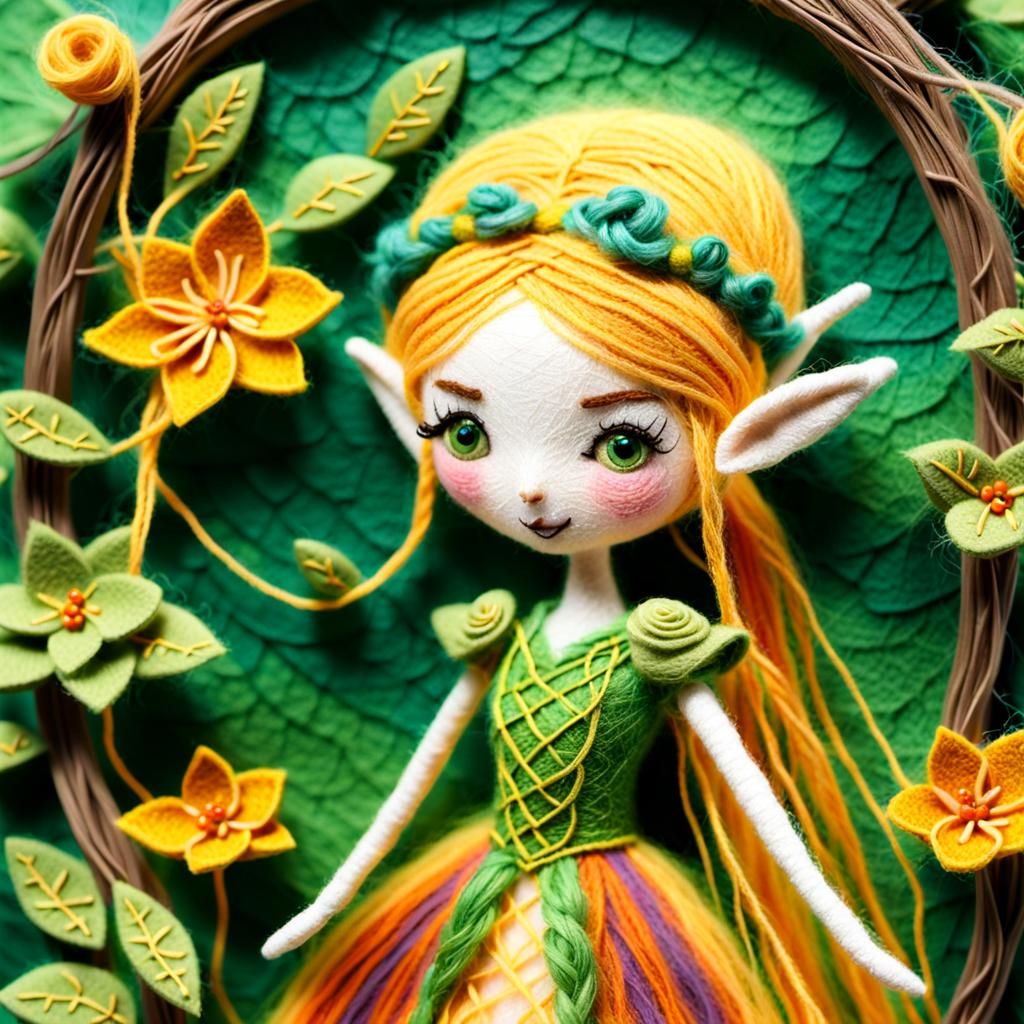 Elf Princess in String Dress: 3D Felted String Art