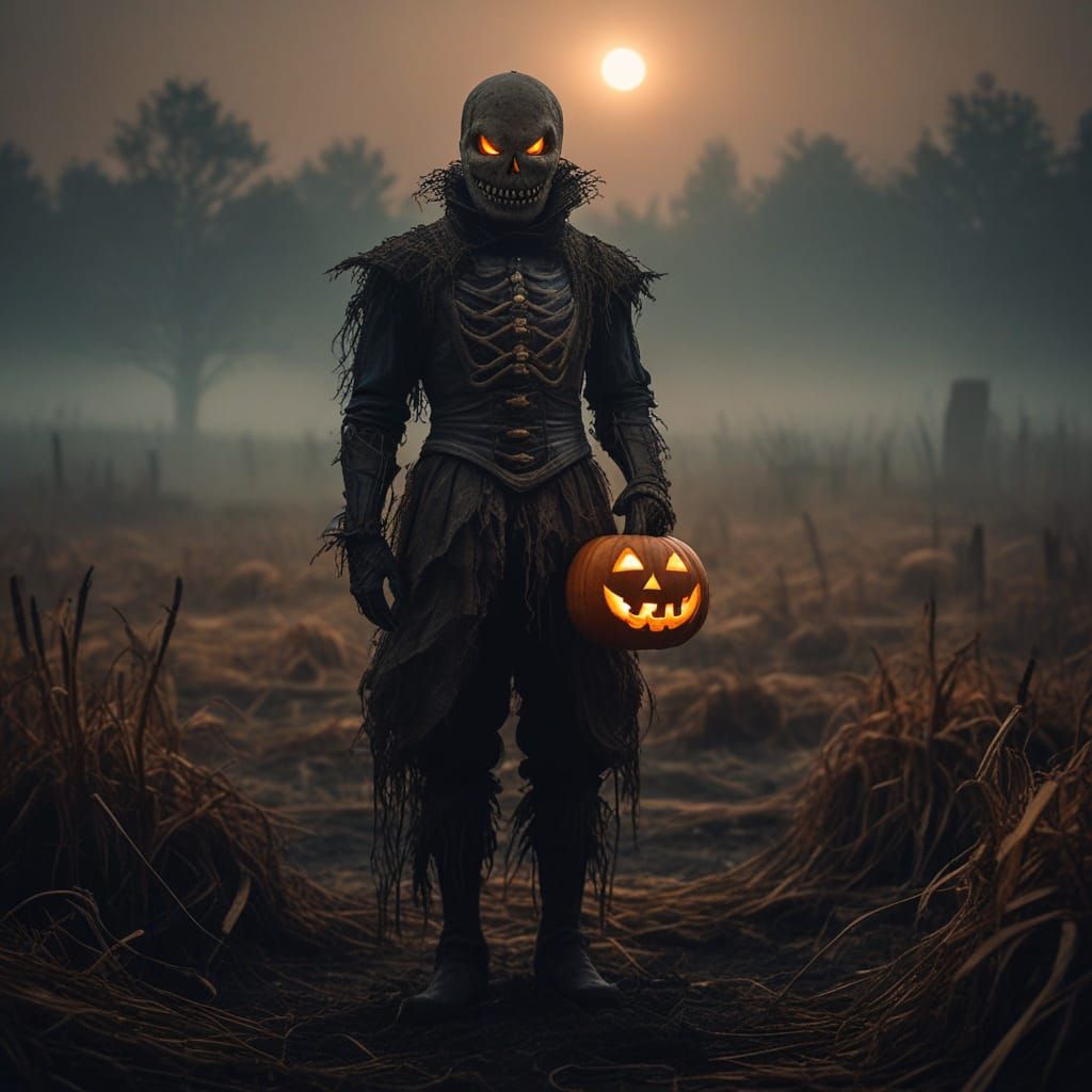 Creepy Pumpkin-Headed Scarecrow in Foggy Autumn Field